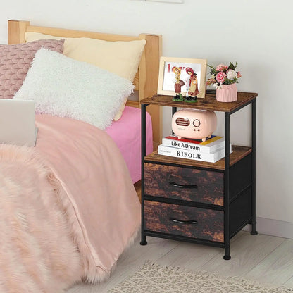 Bedside Table Set of 2 End Table Nightstand with Charging Station & Fabric Drawer Heavy Duty