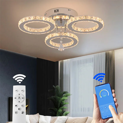 Crystal 5-Ring Fan Light Living Room Ceiling Light Stainless Steel Fixture Fandelier Plafon Fan Lamps Luminaire Led Chandelier