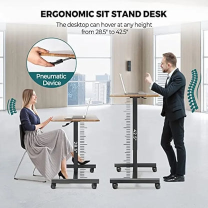 Bureau mobile pour ordinateur portable, petit bureau debout mobile à hauteur réglable pneumatique, bureau roulant portable pour ordinateur portable, chariot ergonomique mobile