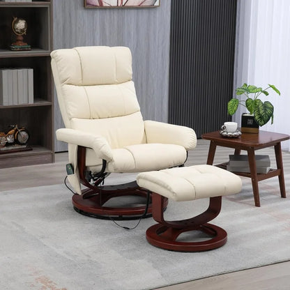 Fauteuil inclinable de massage avec pouf, fauteuil inclinable pivotant et repose-pieds, fauteuil inclinable en similicuir avec télécommande et poche latérale