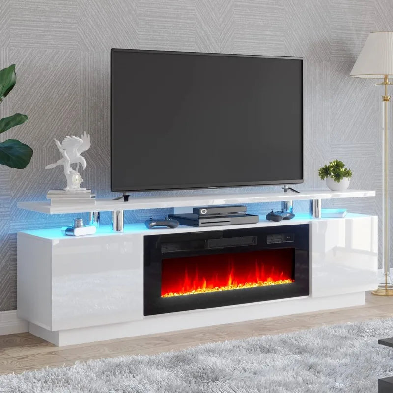 Fireplace TV Stand with 36" Fireplace, 70" Modern High Gloss Fireplace Entertainment Center LED Lights, 2 Tier TV Console