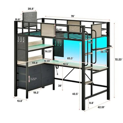 Cama alta doble con escritorio en forma de L, estación de carga, estantes de almacenamiento, luces LED, caja fuerte para sincronización de música, barandilla y escalera de madera