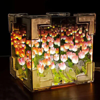 Lampe cube miroir tulipe à faire soi-même, simulation de fleur, lampe de table de chambre à coucher, petite veilleuse tulipe faite à la main, paquet cadeau