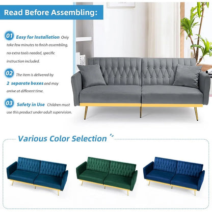 Canapé-lit futon en velours de 70 po avec dossiers et accoudoirs réglables, canapé-lit futon convertible avec deux oreillers, lit-lit capitonné