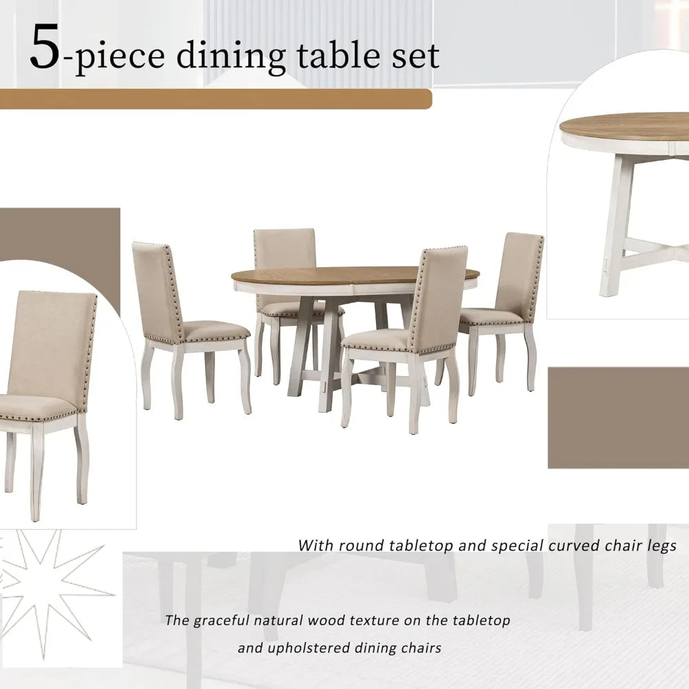 Modern Dining Table Set for 4, Round Tables and 4 Kitchen Room Chairs, 5 Piece Kitchen Table Set for Dining Room