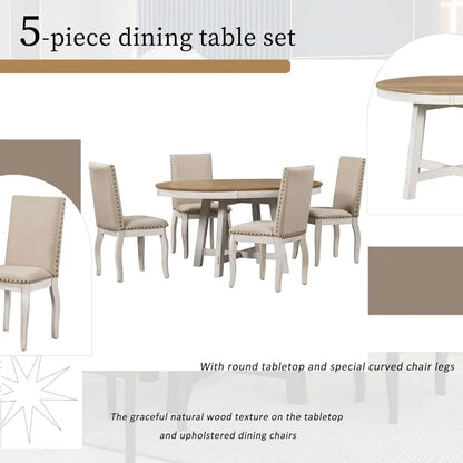 Modern Dining Table Set for 4, Round Tables and 4 Kitchen Room Chairs, 5 Piece Kitchen Table Set for Dining Room