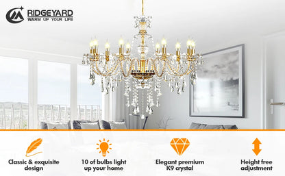 Elegant Glass Crystal Chandelier Ceiling Pendant Lighting Decor 10-Light Golden Hanging Lamp For Living Room Bedroom Room Lobby