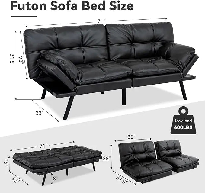 Convertible Futon Sofa Bed Sleeper Couch for Living Room, Modern PU Leather Upholstered Loveseat Sleeper w/Removable Armrests