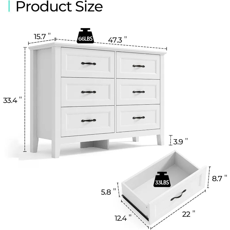 Cómoda de 6 cajones de estilo rústico, cómoda de madera blanca para dormitorio, cómoda ancha con cajones, cómodas dobles de estilo francés o