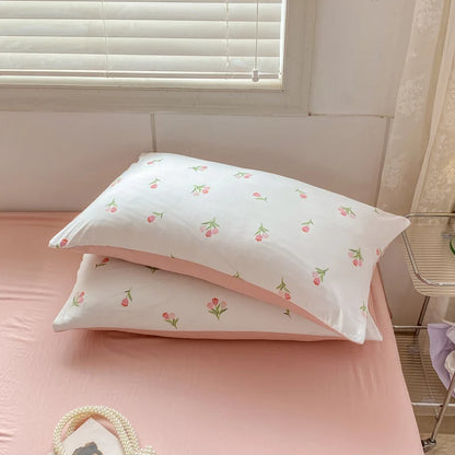 Parure de lit romantique rose tulipe avec drap plat et taie d'oreiller pour lit double, queen size, housse de couette florale pour enfants et filles, sans rembourrage