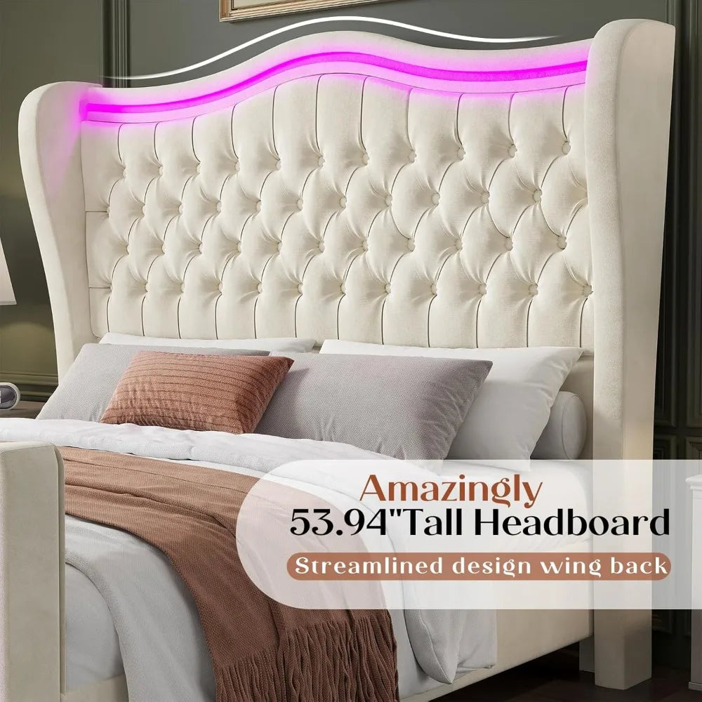 Bed Frame with LED Lights, Bed with Deep Button Tufted Headboard, Queen Size Bed Frame