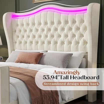 Bed Frame with LED Lights, Bed with Deep Button Tufted Headboard, Queen Size Bed Frame