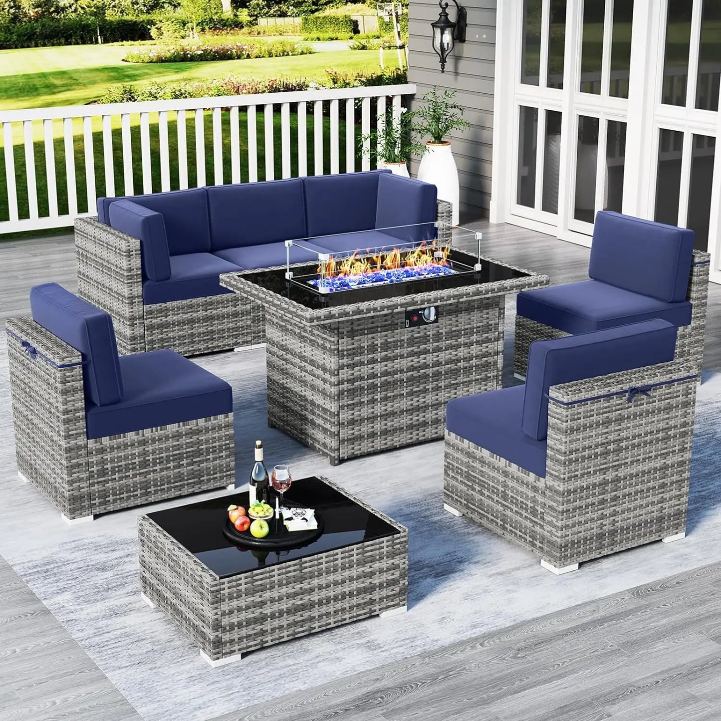 Juego de muebles de patio de 8 piezas con mesa para fogata a gas propano de 44", juego de sofá de mimbre y ratán y mesa de centro Rattan Möbel