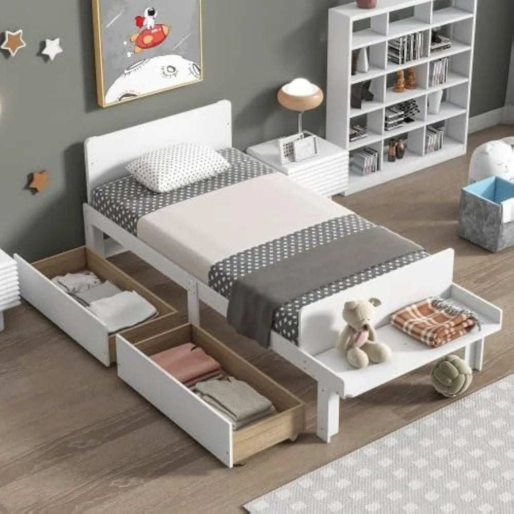 Twin Bed Frame with Storage and Footboard Bench, Twin Size Wooden Bed with Dual Drawers, Ideal for Children's and Teen's Bedroom