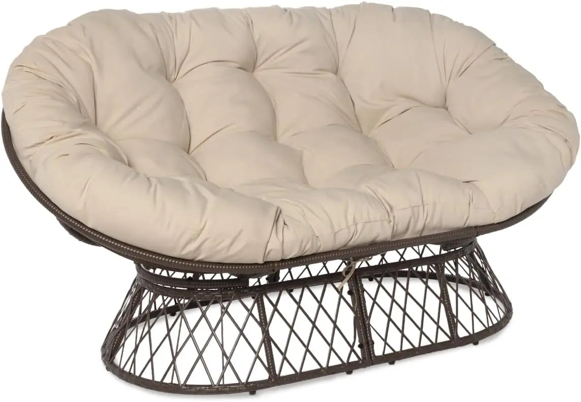 Double Papasan Chair Loveseat with Beige Cushion and Brown Frame for Indoor and Outdoor Use