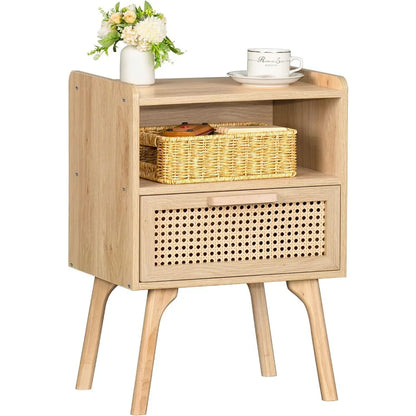 Rattan Nightstands Set of 2, Cane Accent Bedside End Table with Solid Wood Legs for Bedroom, Dorm and Small Spaces