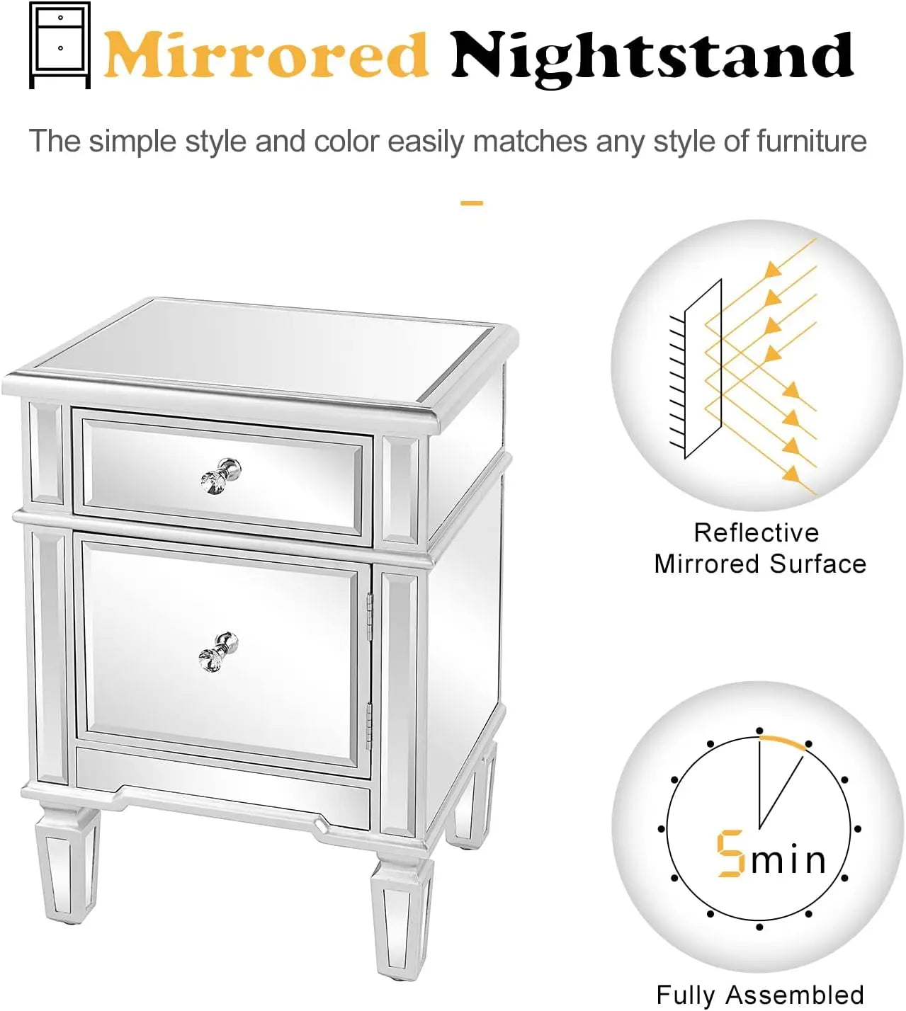 Nightstands Set of 2 Mirrored Side Tables Glass End Table with drawer for Bedroom