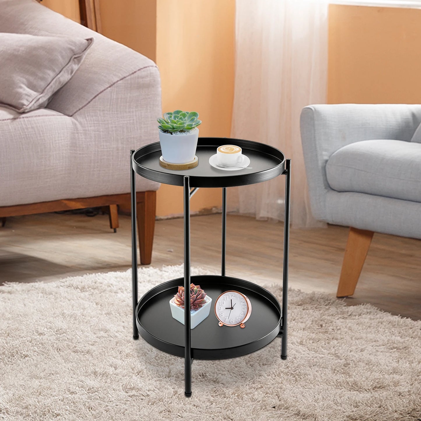 2-Tier End Table Folding Metal Round Side Table with Removable Tray for Living Room (Black/Gold/Golden Pink)