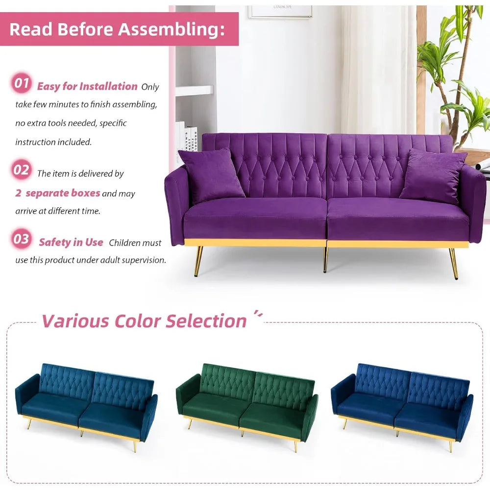 Canapé-lit futon en velours de 70 po avec dossiers et accoudoirs réglables, canapé-lit futon convertible avec deux oreillers, lit-lit capitonné