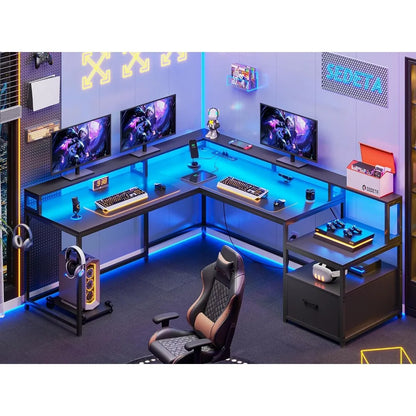 Bureau de jeu en L, bureau à domicile de 66 pouces avec tiroir à dossiers et prise de courant, bureau d'ordinateur de jeu d'angle avec lumières LED