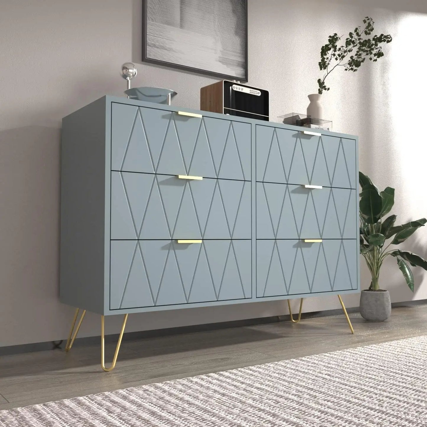 6 Drawer Dresser,Modern Dresser Chest w/ Wide Drawers & Metal Handles for Bedroom,Living Room,Hallway,Entryway-Dark Blue