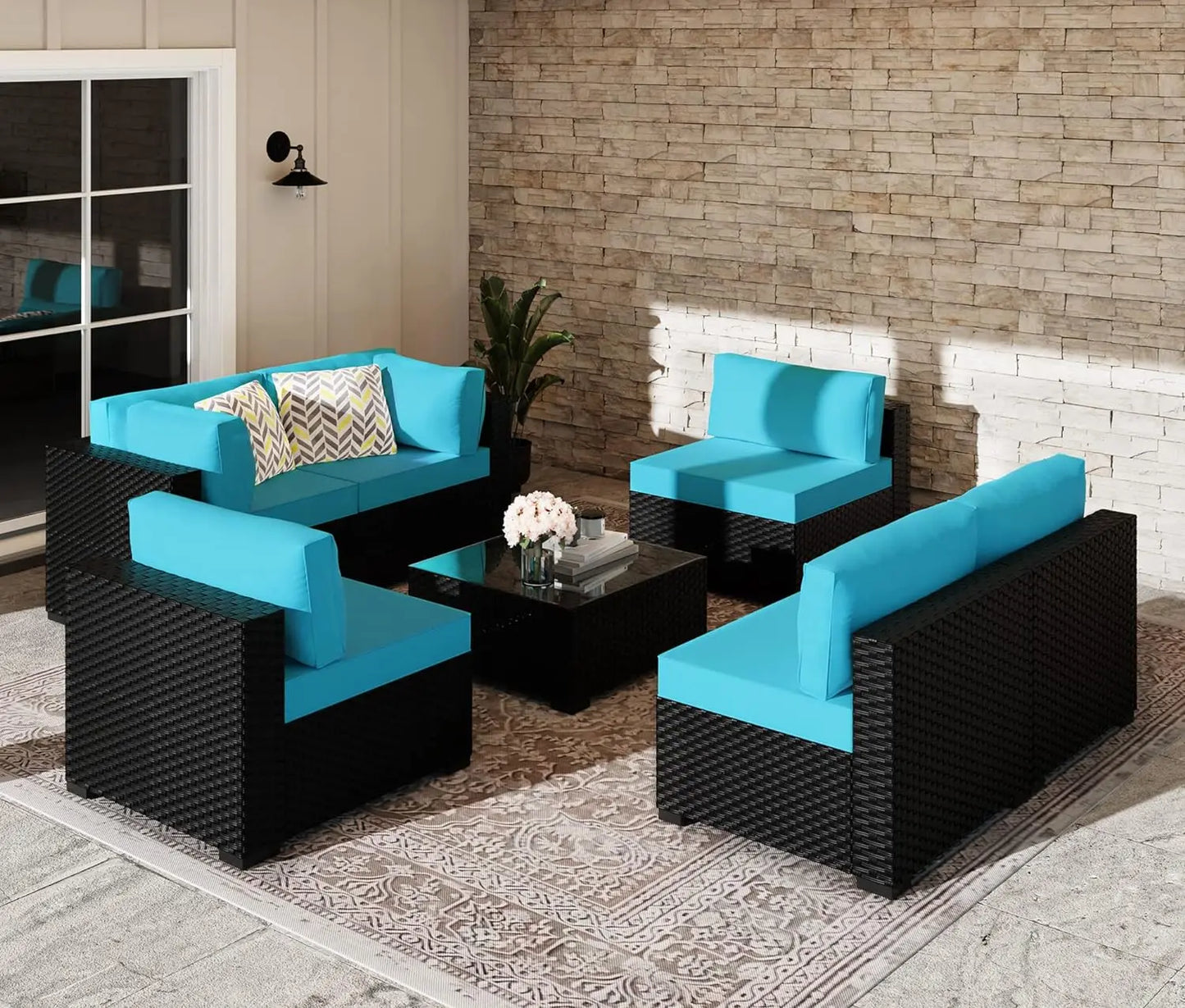 7 / 8PCS Patio Furniture Sets, High Back All-Weather Rattan Sofa with Tea Table&Washable Couch Cushions