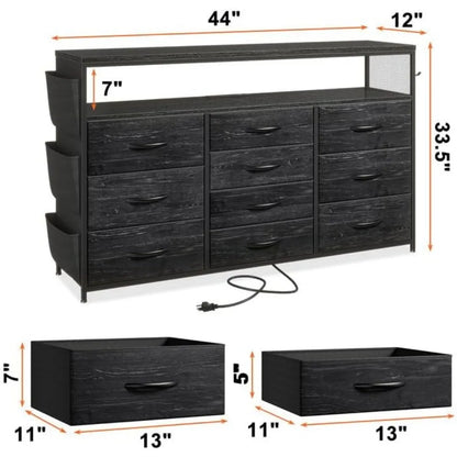 Commode TV EnHomee avec 10 tiroirs pour meuble TV 55" pour chambre à coucher avec lumières LED et prises de courant Commode large pour chambre à coucher