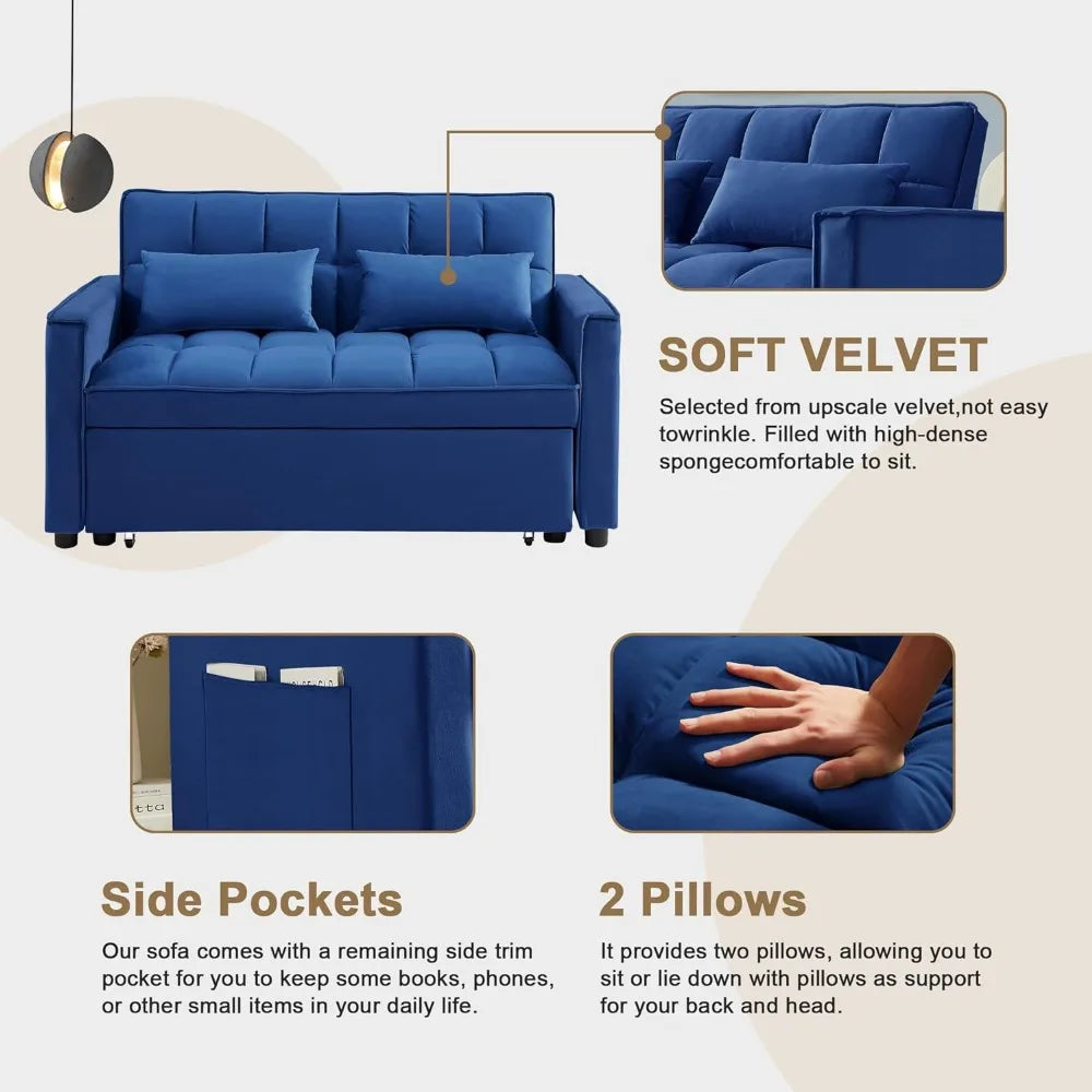 Sofa Bed Convertible 3-in-1 Multi-Functional Velvet Pull-Out Sofa Bed, 55'' Loveseat Adjustable Backrest and Pillows, Blue Couch