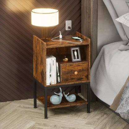 Nightstand with Charging Station,Storage Drawer,Modern 3-Tier End Side Table,Small Wood Bedside Table for Bedroom,Living Room