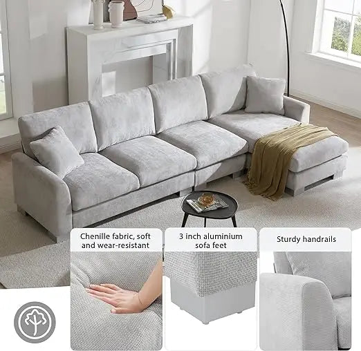 Sofá modular seccional en forma de L de chenilla, cómodo sofá Cloud de 3 plazas con otomana/chaise longue y 5 almohadas para sala de estar y dormitorio