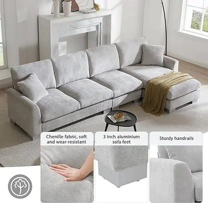 Chenille L-Shaped Modular Sectional Sofa, 3-Seater Comfy Cloud Couch with Ottoman/Chaise & 5 Pillows for Living Room Bedroom