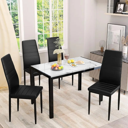 Dining Table Set for 4, Rectangular Faux Marble Tables and 4 PU Leather Chairs, 5 Pieces Kitchen Table Sets, Dining Room Set