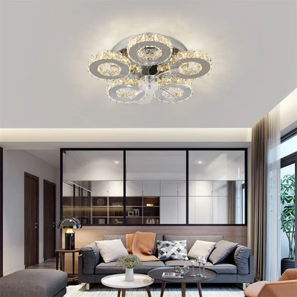 Crystal 5-Ring Fan Light Living Room Ceiling Light Stainless Steel Fixture Fandelier Plafon Fan Lamps Luminaire Led Chandelier