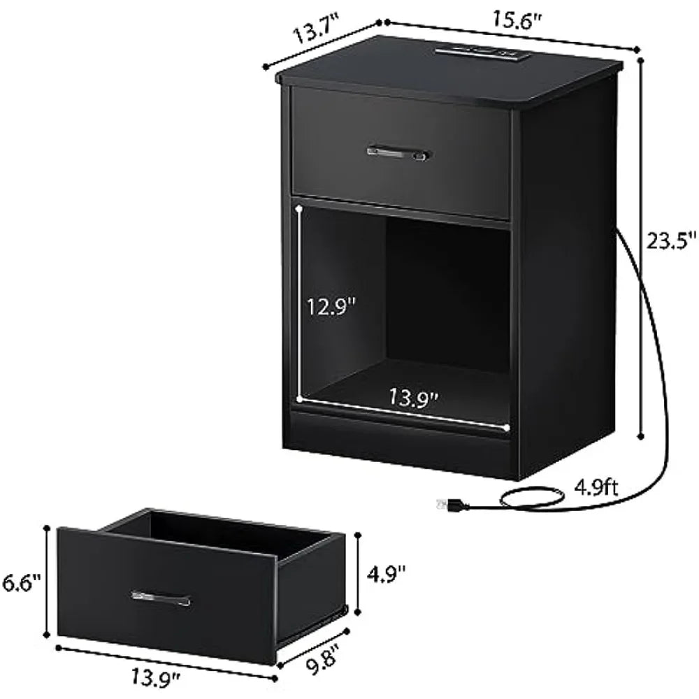 Juego de 2 mesitas de noche, mesitas de noche con estación de carga y tiras de luces LED, mesitas de noche con cajón, mesitas auxiliares para dormitorio, color negro