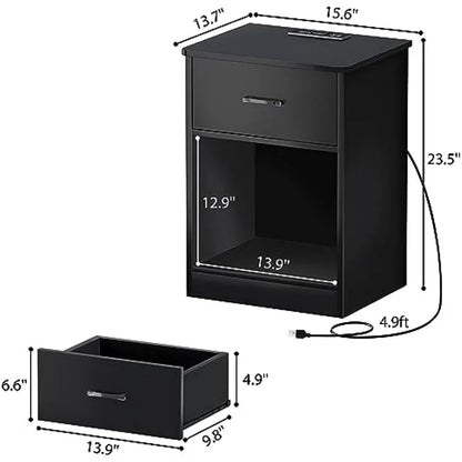 Ensemble de 2 tables de chevet, tables de chevet avec station de charge et bandes lumineuses LED, tables de chevet avec tiroir, tables d'appoint pour chambre à coucher, noir