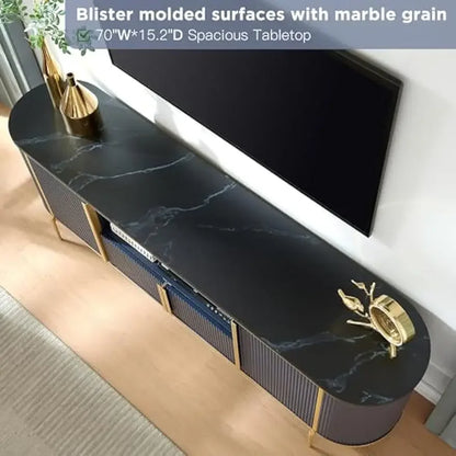 Meuble TV cannelé de luxe de 70 pouces, centre de divertissement moderne pour téléviseurs jusqu'à 80 pouces, console TV avec plateau en faux marbre