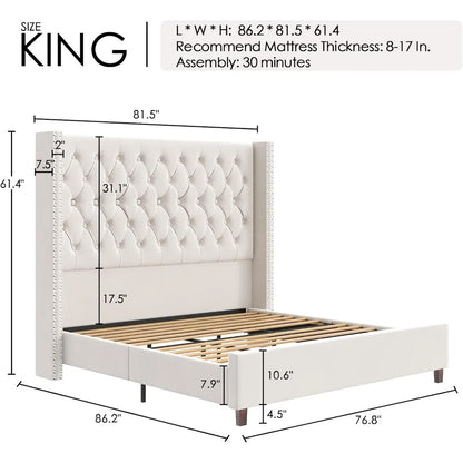 Cadre de lit plateforme King 61,4" Tête de lit faite à la main Lit haut rembourré en velours Capitonné à boutons profonds, lit King avec support à lattes en bois