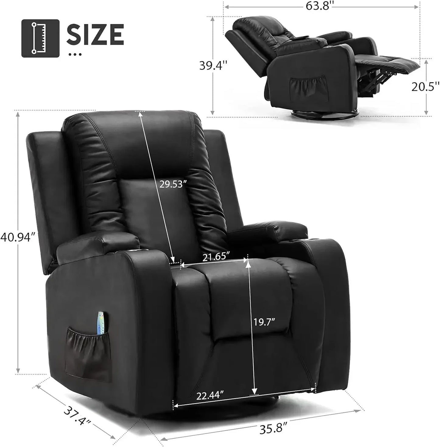 Suministros de muebles COMHOMA Sillón reclinable de cuero mecedora con masaje calefaccionado Asiento de sofá individual giratorio de 360 ​​grados