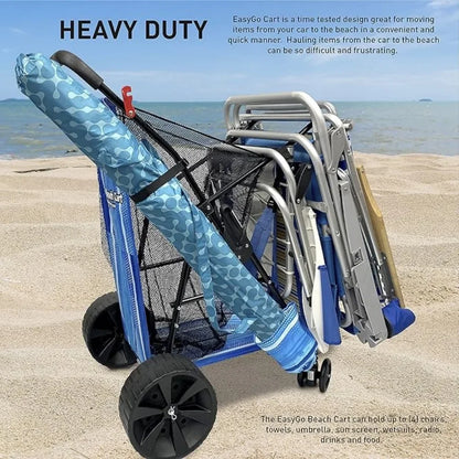 Heavy Duty Folding Design - Large Wheels for Sand - Holds 4 Beach Chairs - Storage Pouch - Beach Umbrella