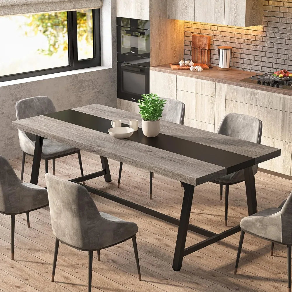 Dining Table for 8 People, 70.87-inch Rectangular Wood Kitchen Table withMetal Frame, Long Dining Room Tabl (Gray, No Chair)