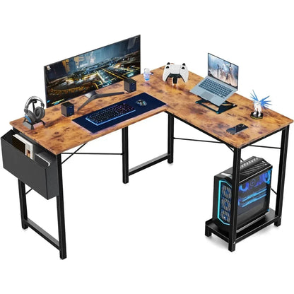 Bureau d'ordinateur en forme de L, table de jeu d'angle en bois pour PC avec sac de rangement latéral pour la maison, le bureau, les petits espaces, les bureaux, les meubles d'étude