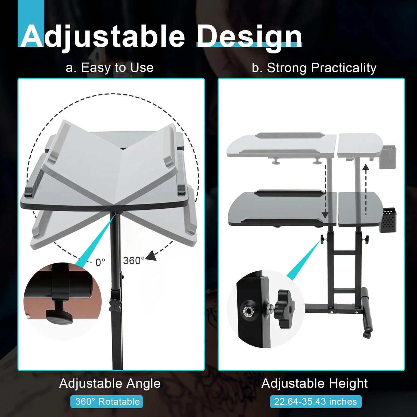 Mobile Tattoo Workstation Adjustable Desk Rolling Tray for Pro Salon Studio & Home