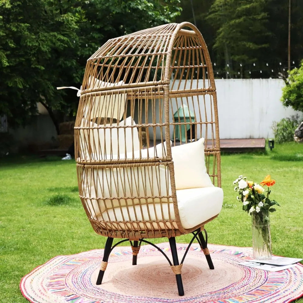 Patio Stationary Egg Chair with Thicken Cushions, Indoor Outdoor Large PE Rattan Egg Basket Chair,Beach Chairs