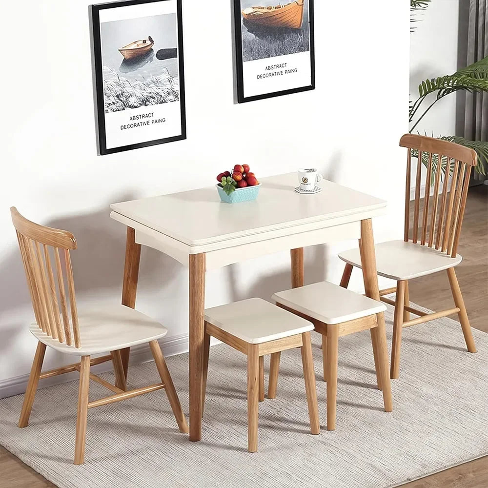 47" Multifunctional Wooden Foldable Dining Table with Thai Oak Legs, Modern Space Saving Kitchen Table for Living Room White