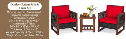 3 Pieces Patio Wicker Furniture Set, Rattan Outdoor Sofa Set w/Washable Cushion & Acacia Wood Coffee Table, for Garden Backyard