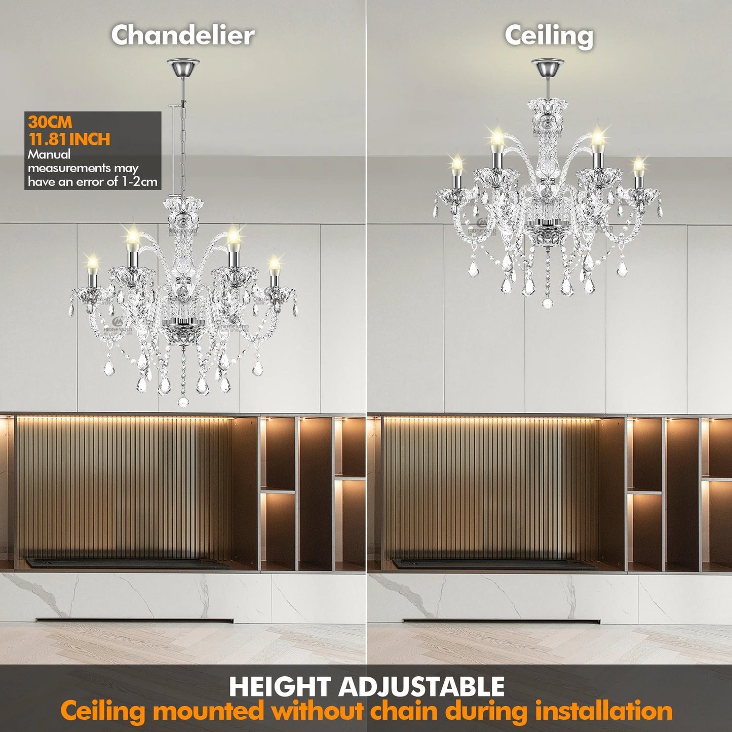 Ridgeyard 6-8 Arms Modern Crystal Glass Chandelier K9 Home Decor Luxury Pendant Candle Lamp For Dining Living Room Bedroom Light