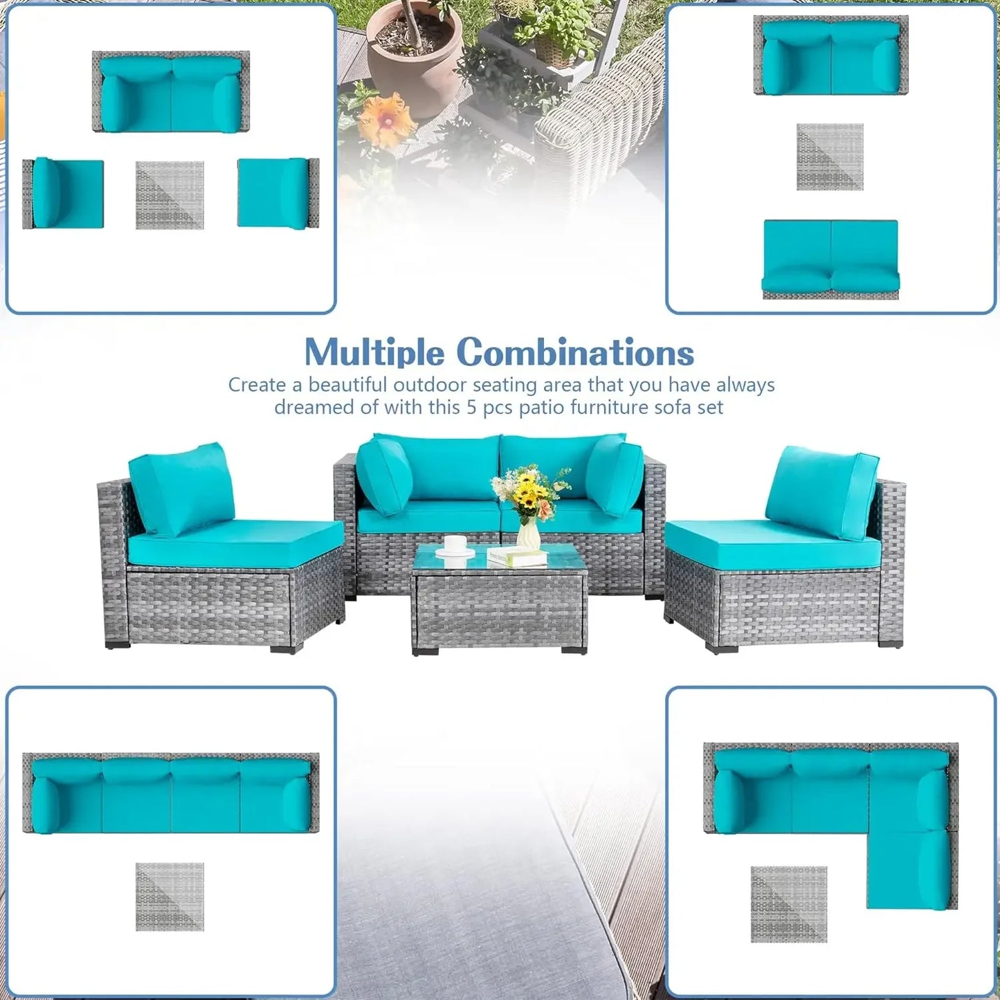 Shintenchi 5 Pieces Outdoor Patio Sectional Sofa Couch, Silver Gray PE Wicker Furniture Conversation Sets with Washable Cushions