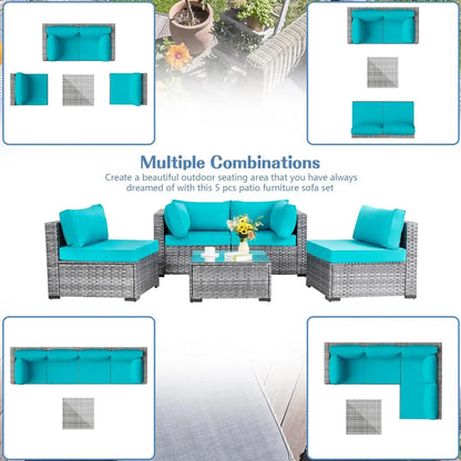 Shintenchi 5 Pieces Outdoor Patio Sectional Sofa Couch, Silver Gray PE Wicker Furniture Conversation Sets with Washable Cushions