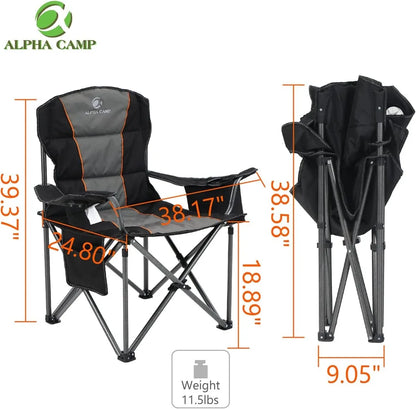 ALPHA CAMP Oversized Camping Folding Chair, Heavy Duty Support 450 LBS Steel Frame Collapsible Padded Arm Chair with Cup Holder