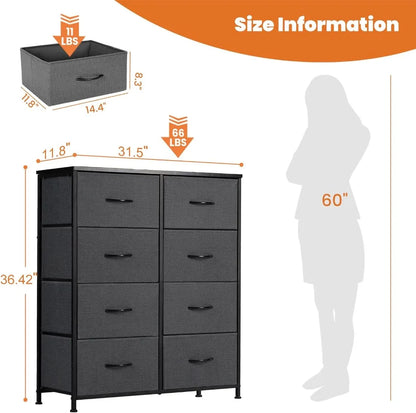 Dresser for Bedroom Drawer Dresser Organizer Storage  with 8 Drawers  Steel Frame Wood Top for Bedroom Closet Entryway